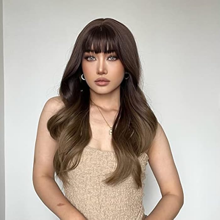 DILLARDS Emmor Dark Brown Wigs To Light Brown Wigs Long Wave Wig With Bangs Curly Wigs For Women Heat Resistant Synthetic Wigs Natural Looking - Image 2